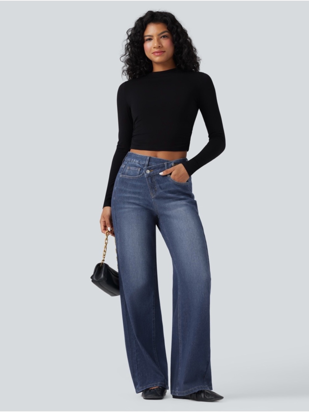 NWT- Halara Flex™ Asymmetric High Waisted Baggy Wide Leg Washed Casual Jeans - Picture 6 of 11